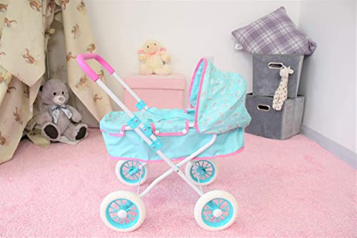 KOOKAMUNGA KIDS Baby Doll Stroller - Realistic 2 in 1 Baby Stroller for Dolls w/ Detachable Bassinet - Doll Pram w/ Carry Cot, Retractable Canopy & Soft Grip Handle - Dolls up to 18" - Blue Rainbow