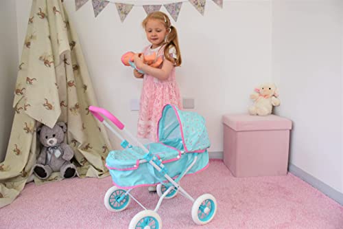 KOOKAMUNGA KIDS Baby Doll Stroller - Realistic 2 in 1 Baby Stroller for Dolls w/ Detachable Bassinet - Doll Pram w/ Carry Cot, Retractable Canopy & Soft Grip Handle - Dolls up to 18" - Blue Rainbow