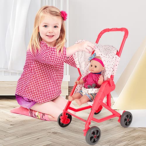 deAO Baby Doll Stroller Set Pushchair Doll Playset with Soft Smooth 13 Inch New-born Realistic Baby Doll Nursery Role Play Set Great Nurturing Pretend Toy for 3+ Girls
