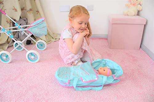 KOOKAMUNGA KIDS Baby Doll Stroller - Realistic 2 in 1 Baby Stroller for Dolls w/ Detachable Bassinet - Doll Pram w/ Carry Cot, Retractable Canopy & Soft Grip Handle - Dolls up to 18" - Blue Rainbow