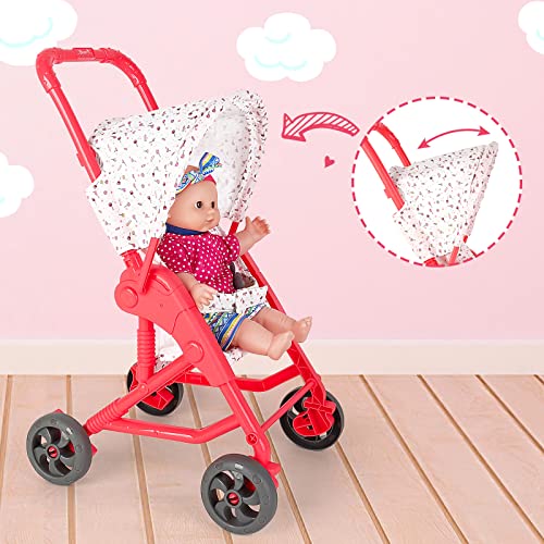 deAO Baby Doll Stroller Set Pushchair Doll Playset with Soft Smooth 13 Inch New-born Realistic Baby Doll Nursery Role Play Set Great Nurturing Pretend Toy for 3+ Girls