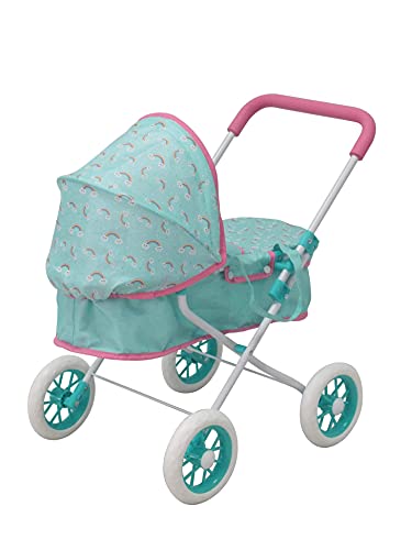 KOOKAMUNGA KIDS Baby Doll Stroller - Realistic 2 in 1 Baby Stroller for Dolls w/ Detachable Bassinet - Doll Pram w/ Carry Cot, Retractable Canopy & Soft Grip Handle - Dolls up to 18" - Blue Rainbow