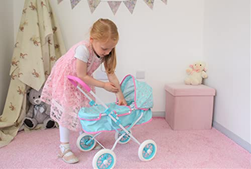 KOOKAMUNGA KIDS Baby Doll Stroller - Realistic 2 in 1 Baby Stroller for Dolls w/ Detachable Bassinet - Doll Pram w/ Carry Cot, Retractable Canopy & Soft Grip Handle - Dolls up to 18" - Blue Rainbow