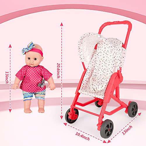 deAO Baby Doll Stroller Set Pushchair Doll Playset with Soft Smooth 13 Inch New-born Realistic Baby Doll Nursery Role Play Set Great Nurturing Pretend Toy for 3+ Girls