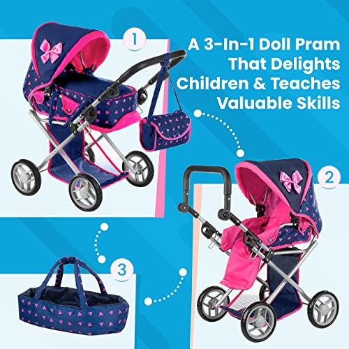 Kinderplay Dolls Pram | 3-in-1 Toy Pram | Baby Doll Pram - Toy Pushchair | Dolls Buggy | Dolls Pushchair | Doll Stroller with Adjustable Handle (36.5-64 cm), model KP0200T