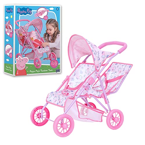 Peppa Pig Twin Stroller | Children's Baby Doll Twin Pram Toy | Pink Peppa Pig Themed Double Pushchair | Easy Umbrella Fold Kids Stroller | Suitable For Both Girls And Boys Aged 2 And Over