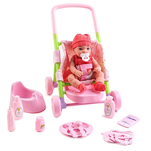 deAO My First Baby Doll Play Set with Stroller and Realistic Accessories Baby Doll Pushchair Pretend Play For Girls Children Dolly Pram Toy Pushchair Best Gift for Toddlers