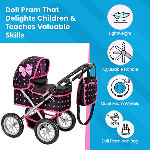 Kinderplay Dolls Pram | Toy Pram | Baby Doll Pram - Toy Pushchair | Dolls Buggy | Dolls Pushchair | Doll Stroller with Adjustable Handle (33-63 cm), model KP0261R