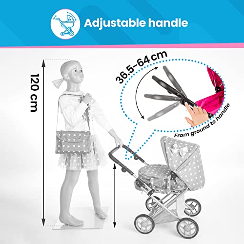 Kinderplay Dolls Pram | 3-in-1 Toy Pram | Baby Doll Pram - Toy Pushchair | Dolls Buggy | Dolls Pushchair | Doll Stroller with Adjustable Handle (36.5-64 cm), model KP0200T