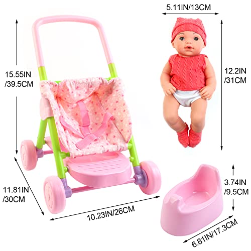 deAO My First Baby Doll Play Set with Stroller and Realistic Accessories Baby Doll Pushchair Pretend Play For Girls Children Dolly Pram Toy Pushchair Best Gift for Toddlers