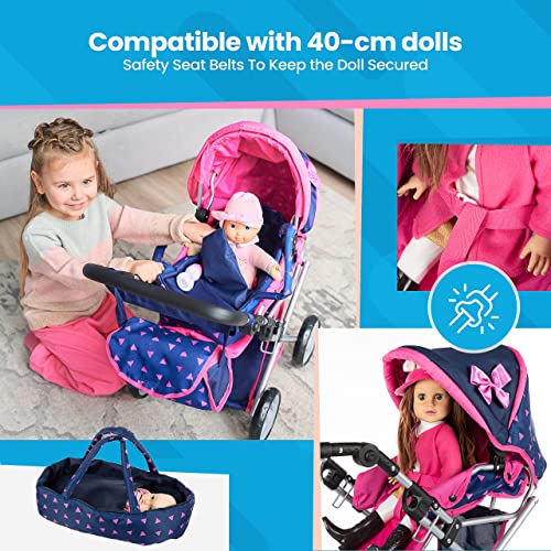 Kinderplay Dolls Pram | 3-in-1 Toy Pram | Baby Doll Pram - Toy Pushchair | Dolls Buggy | Dolls Pushchair | Doll Stroller with Adjustable Handle (36.5-64 cm), model KP0200T