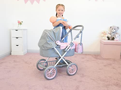 KOOKAMUNGA KIDS Baby Doll Stroller - Foldable Baby Stroller for Dolls - Play Stroller & Bassinet w/ Retractable Canopy - Diaper Bag - Adjustable Soft Grip Handle - Ideal for 16” 18” & 20” Dolls