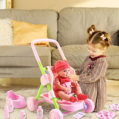 deAO My First Baby Doll Play Set with Stroller and Realistic Accessories Baby Doll Pushchair Pretend Play For Girls Children Dolly Pram Toy Pushchair Best Gift for Toddlers