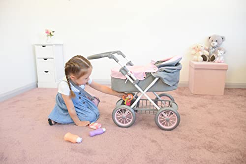 KOOKAMUNGA KIDS Baby Doll Stroller - Foldable Baby Stroller for Dolls - Play Stroller & Bassinet w/ Retractable Canopy - Diaper Bag - Adjustable Soft Grip Handle - Ideal for 16” 18” & 20” Dolls