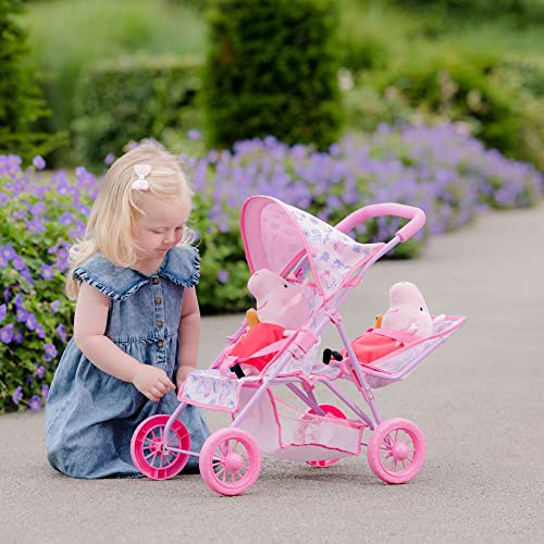 Peppa Pig Twin Stroller | Children's Baby Doll Twin Pram Toy | Pink Peppa Pig Themed Double Pushchair | Easy Umbrella Fold Kids Stroller | Suitable For Both Girls And Boys Aged 2 And Over