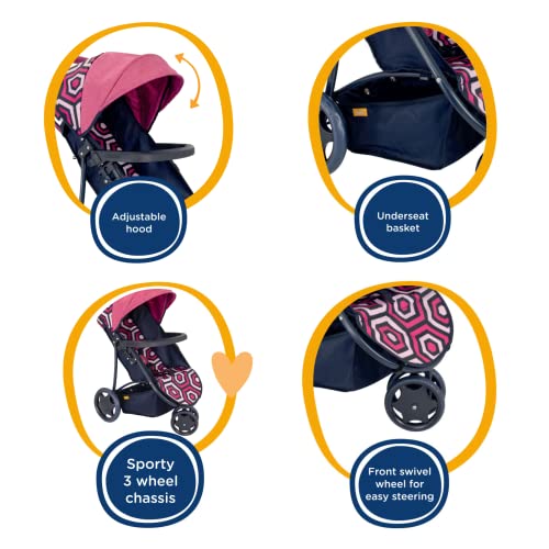 Joie Junior Litetrax 3 Wheeled Pushchair | Buggy In Geometric Pink And Navy | Baby Doll Pushchair | Childrens Baby Doll Collapsible Stroller Toy | Role Play Toy Dolls Folding Buggy Pushchair | Ages 3+