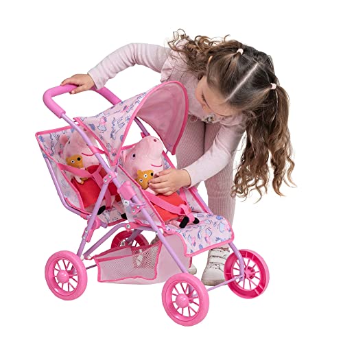 Peppa Pig Twin Stroller | Children's Baby Doll Twin Pram Toy | Pink Peppa Pig Themed Double Pushchair | Easy Umbrella Fold Kids Stroller | Suitable For Both Girls And Boys Aged 2 And Over
