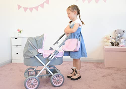 KOOKAMUNGA KIDS Baby Doll Stroller - Foldable Baby Stroller for Dolls - Play Stroller & Bassinet w/ Retractable Canopy - Diaper Bag - Adjustable Soft Grip Handle - Ideal for 16” 18” & 20” Dolls