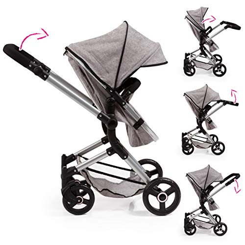 Bayer Design 18410AA Stroller, Doll Combi Pram Neo Vario with Changing Bag and Underneath Shopping Basket, Foldable, Swivel Front Wheels, Grey with Crown