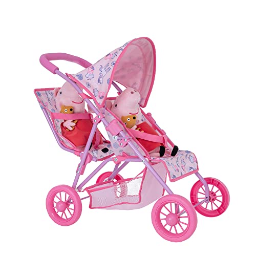 Peppa Pig Twin Stroller | Children's Baby Doll Twin Pram Toy | Pink Peppa Pig Themed Double Pushchair | Easy Umbrella Fold Kids Stroller | Suitable For Both Girls And Boys Aged 2 And Over