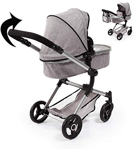Bayer Design 18410AA Stroller, Doll Combi Pram Neo Vario with Changing Bag and Underneath Shopping Basket, Foldable, Swivel Front Wheels, Grey with Crown