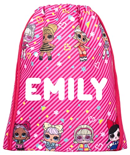 LOL - Kids Drawstring Bag - Personalised Lightweight Backpack - Add Your Name - Pink PE Bag - 43x35cm - Waterproof Bag - Customised Gifts