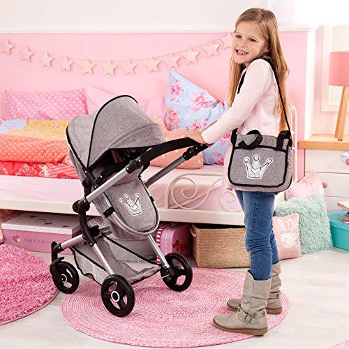 Bayer Design 18410AA Stroller, Doll Combi Pram Neo Vario with Changing Bag and Underneath Shopping Basket, Foldable, Swivel Front Wheels, Grey with Crown