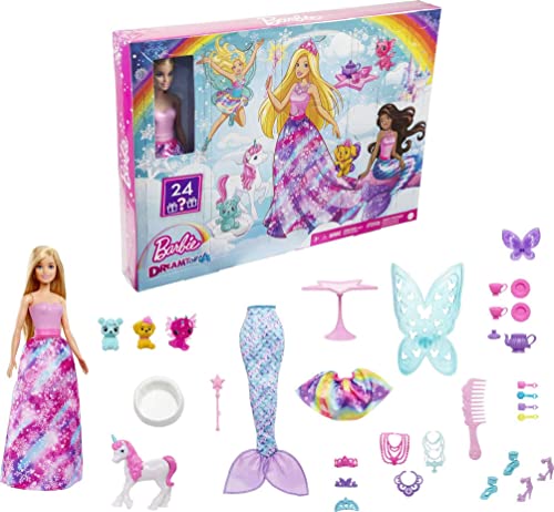 Barbie Dreamtopia Advent Calendar Barbie Doll Including 24 Fairytale Fashions, Magical Pets and Accessories, HGM66