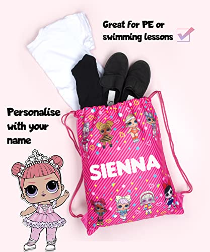 LOL - Kids Drawstring Bag - Personalised Lightweight Backpack - Add Your Name - Pink PE Bag - 43x35cm - Waterproof Bag - Customised Gifts