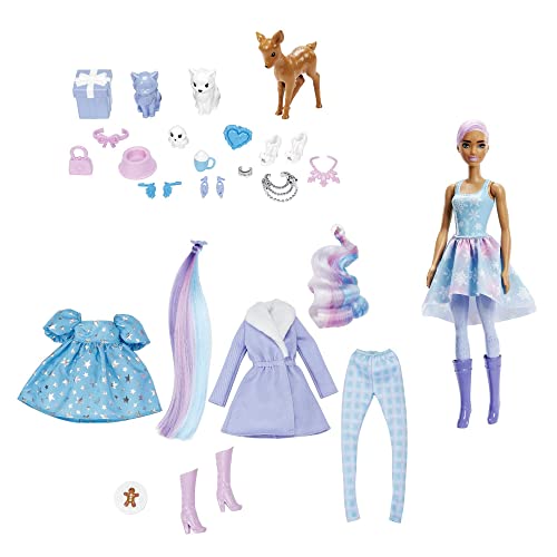 Barbie Color Reveal Advent Calendar, 1 Color Reveal Doll & 3 Pets, Clothes, Accessories & 2 Hair Extensions, 25 Surprises, Holiday Gifts for Kids, HJD60