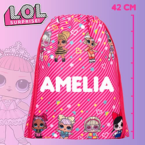 LOL - Kids Drawstring Bag - Personalised Lightweight Backpack - Add Your Name - Pink PE Bag - 43x35cm - Waterproof Bag - Customised Gifts