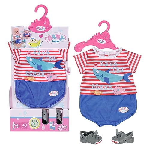 Baby born Bath Pyjamas with Shoes Blue 834268 - Accessories for Dolls up to 43cm - Features Shark-Themed Print & Matching Slippers - Ideal for Baby born Bathtub - Suitable for Kids from 3+