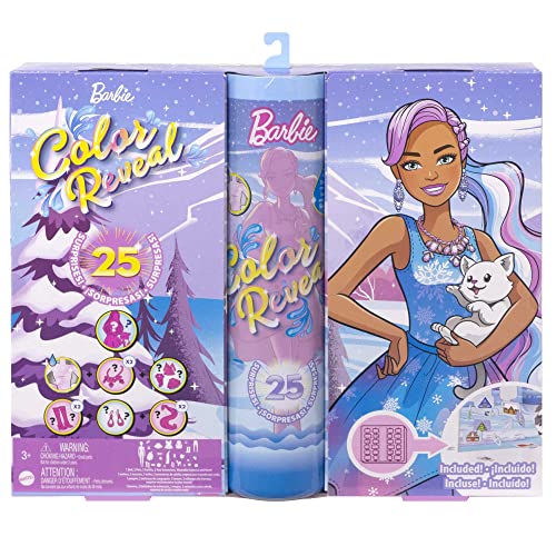 Barbie Color Reveal Advent Calendar, 1 Color Reveal Doll & 3 Pets, Clothes, Accessories & 2 Hair Extensions, 25 Surprises, Holiday Gifts for Kids, HJD60