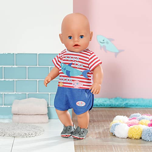 Baby born Bath Pyjamas with Shoes Blue 834268 - Accessories for Dolls up to 43cm - Features Shark-Themed Print & Matching Slippers - Ideal for Baby born Bathtub - Suitable for Kids from 3+
