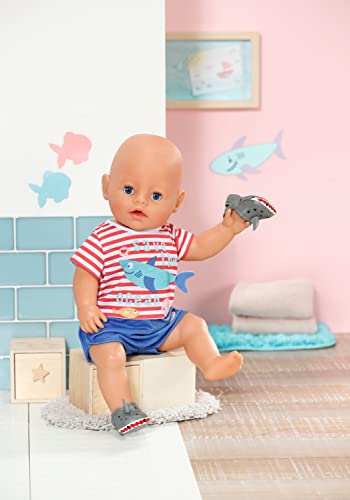 Baby born Bath Pyjamas with Shoes Blue 834268 - Accessories for Dolls up to 43cm - Features Shark-Themed Print & Matching Slippers - Ideal for Baby born Bathtub - Suitable for Kids from 3+