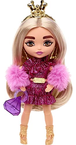 Barbie Extra Minis Doll #8 (5.5 in) Wearing Shimmery Dress & Furry Shrug, with Doll Stand & Accessories, Toy for Kids Ages 3 Years Old & Up