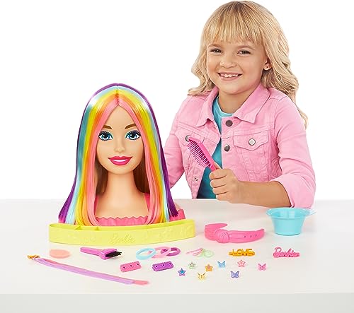 Barbie Doll Deluxe Styling Head with Color Reveal Accessories and Straight Blonde Neon Rainbow Hair, Doll Head for Hair Styling, HMD78