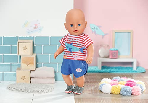 Baby born Bath Pyjamas with Shoes Blue 834268 - Accessories for Dolls up to 43cm - Features Shark-Themed Print & Matching Slippers - Ideal for Baby born Bathtub - Suitable for Kids from 3+