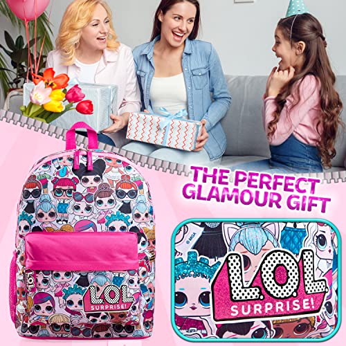 L.O.L. Surprise ! Backpack for Girls and Teens Featuring All-Over Dolls Print | Kids LOL Bag for School Or Travel, Pink Canvas Girls Rucksack with Front Pocket | Great Birthday Gift Idea