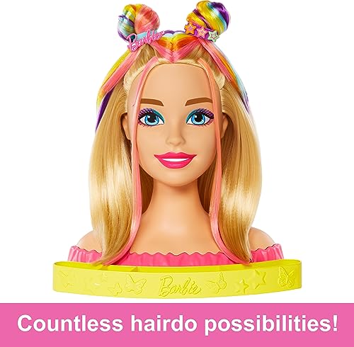 Barbie Doll Deluxe Styling Head with Color Reveal Accessories and Straight Blonde Neon Rainbow Hair, Doll Head for Hair Styling, HMD78