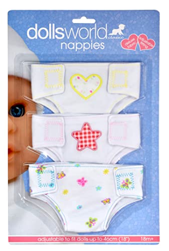 DOLLSWORLD Classic from Peterkin | Fabric Nappies | Pack of 3 Reusable and Adjustable Fabric Nappies for Dolls up to 46cm | Dolls & Accessories | Ages 3+
