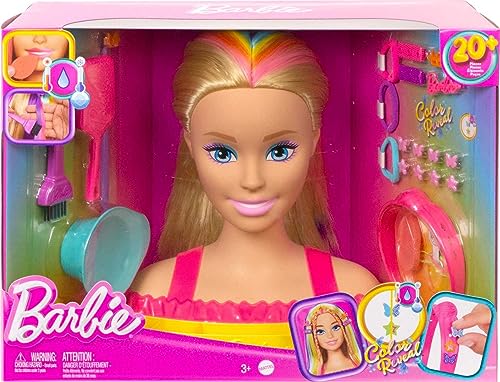 Barbie Doll Deluxe Styling Head with Color Reveal Accessories and Straight Blonde Neon Rainbow Hair, Doll Head for Hair Styling, HMD78