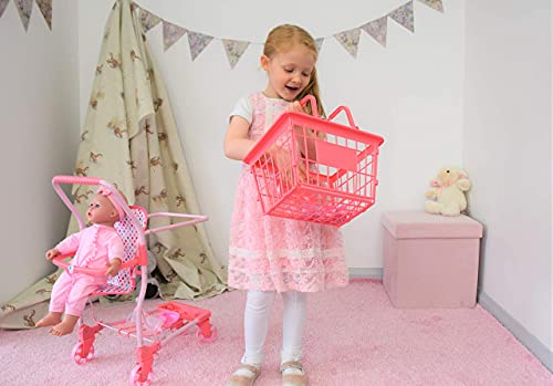 KOOKAMUNGA KIDS 2 in 1 Toy Shopping Cart with Hand Basket - Realistic Kids Grocery Cart with Baby Doll Front Seat Carrier - Toys for 2 to 7 Year Old Children - Pink Unicorn