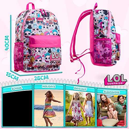 L.O.L. Surprise ! Backpack for Girls and Teens Featuring All-Over Dolls Print | Kids LOL Bag for School Or Travel, Pink Canvas Girls Rucksack with Front Pocket | Great Birthday Gift Idea