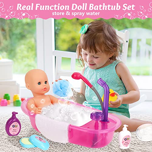 deAO Baby Doll Bath Play Set with Real Water Faucet Function and Baby Doll Accessories, Baby Doll Clothes, Dolls for 3 4 5 6 7 8 Year Olds Girls, Birthdays for Girl