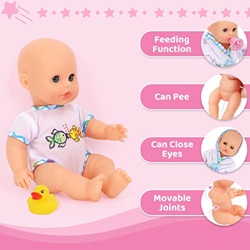 deAO Baby Doll Bath Play Set with Real Water Faucet Function and Baby Doll Accessories, Baby Doll Clothes, Dolls for 3 4 5 6 7 8 Year Olds Girls, Birthdays for Girl