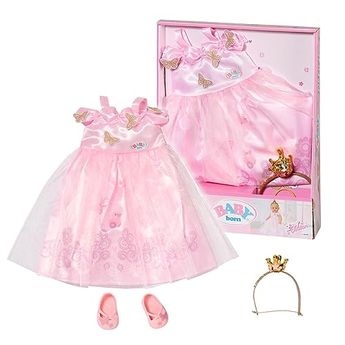 Baby born Deluxe Princess Gown 834169 - Accessories for Dolls up to 43cm - Includes Pink Gown, Headband with Crown, and Pink Shoes - Suitable for Kids from 3+
