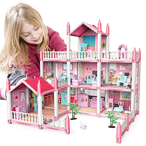 deAO Miniature My first Dolls house, Kids Pink Grand Three Story Castle Dolls House Playset With Furniture & Accessories included and with Outdoor Space Open Sided Princess Castle Playset For Girls