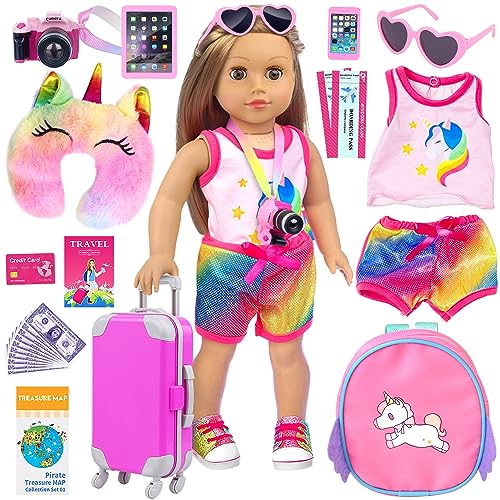 ZITA ELEMENT Doll Travel Suitcase 16 PCS=1 suitcase+ 2 Air tickets + 1 Passport and other 12 Accessories - For American 18 Inch Girl Dolls Travel Accessories