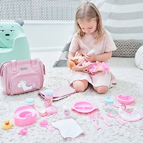 Bebamour Unicorn Baby Doll Changing Bag with Doll Changing Pad Carry Baby Doll Accessories Fashion Kids Bag for Baby Girl, Rocking Unicorn